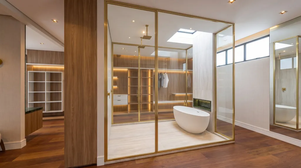 Closet e banho master com divisória de vidro e perfis dourados, banheira oval e marcenaria iluminada