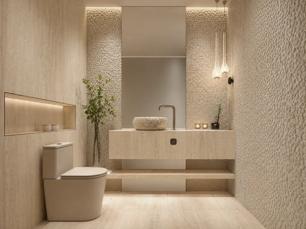 Lavabo com revestimento em seixos, travertino, cuba em pedra e pendentes de vidro