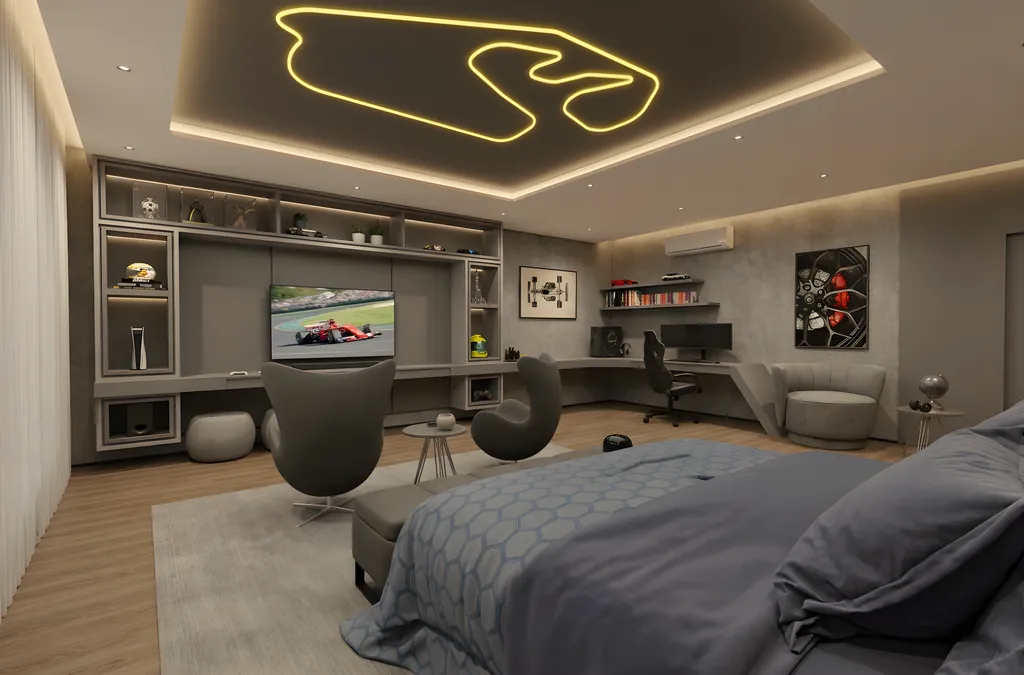 Suíte temática de automobilismo com traçado de pista luminoso no teto, nicho com TV e bancada de estudo